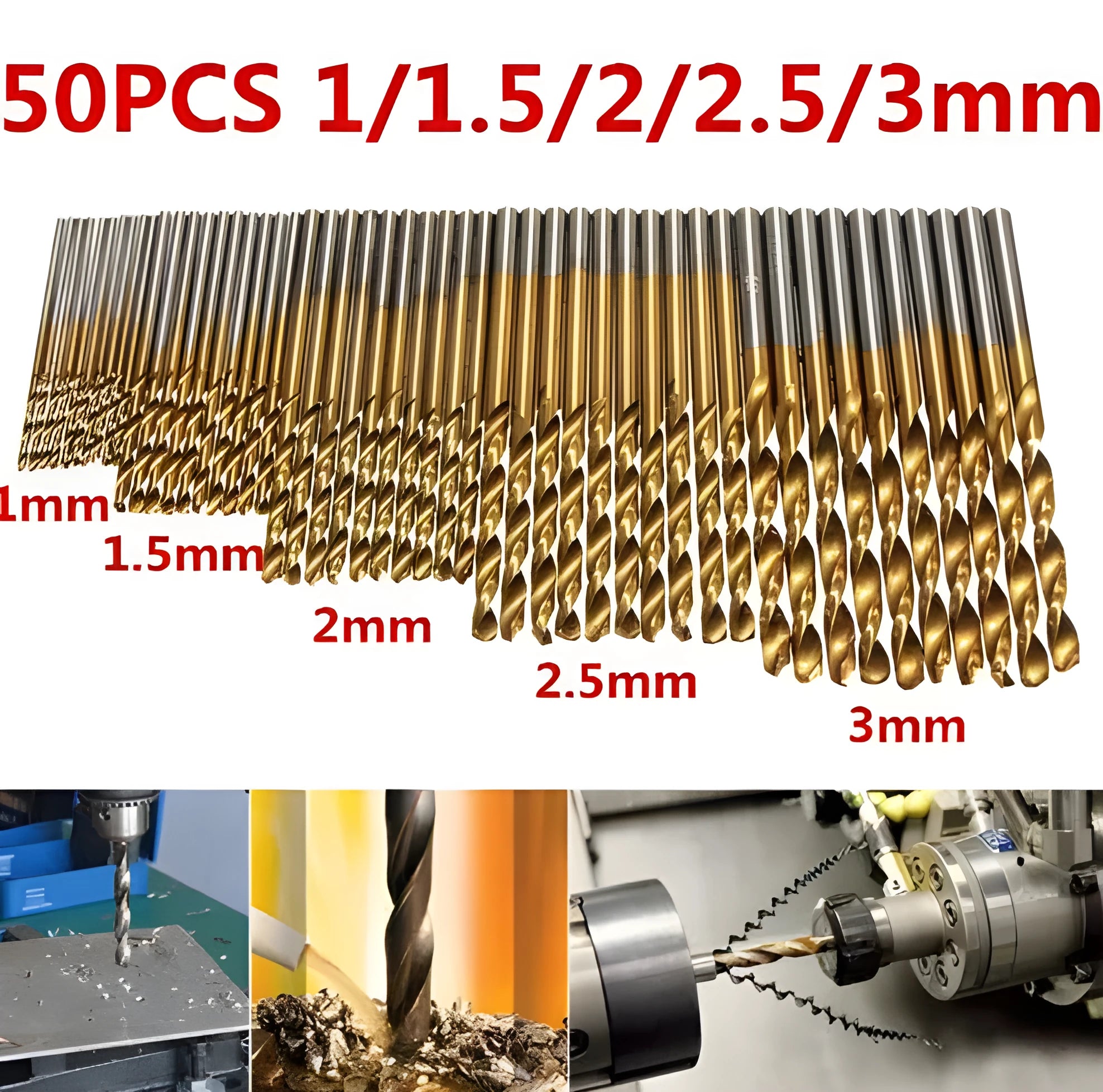 50-piece set of titanium-coated high-speed steel twist drill bits arranged in a case.