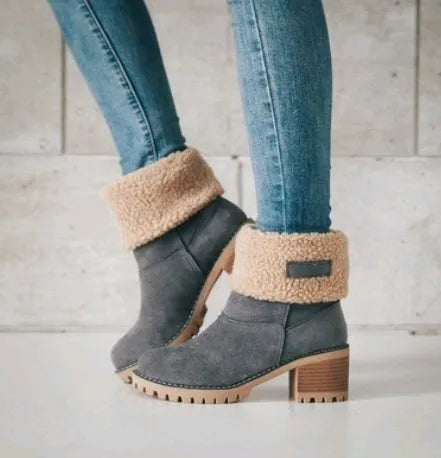 Mid-tube thick heel suede snow boots with round head and flat heel in black gray green khaki orange