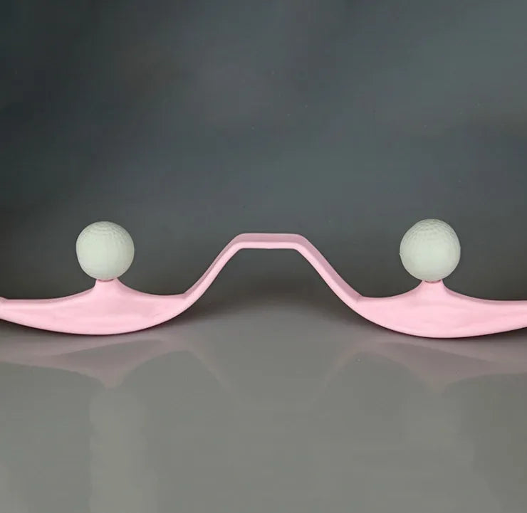 Plastic hand roller neck massager with adjustable stand and removable head in pink, blue, or green colours.