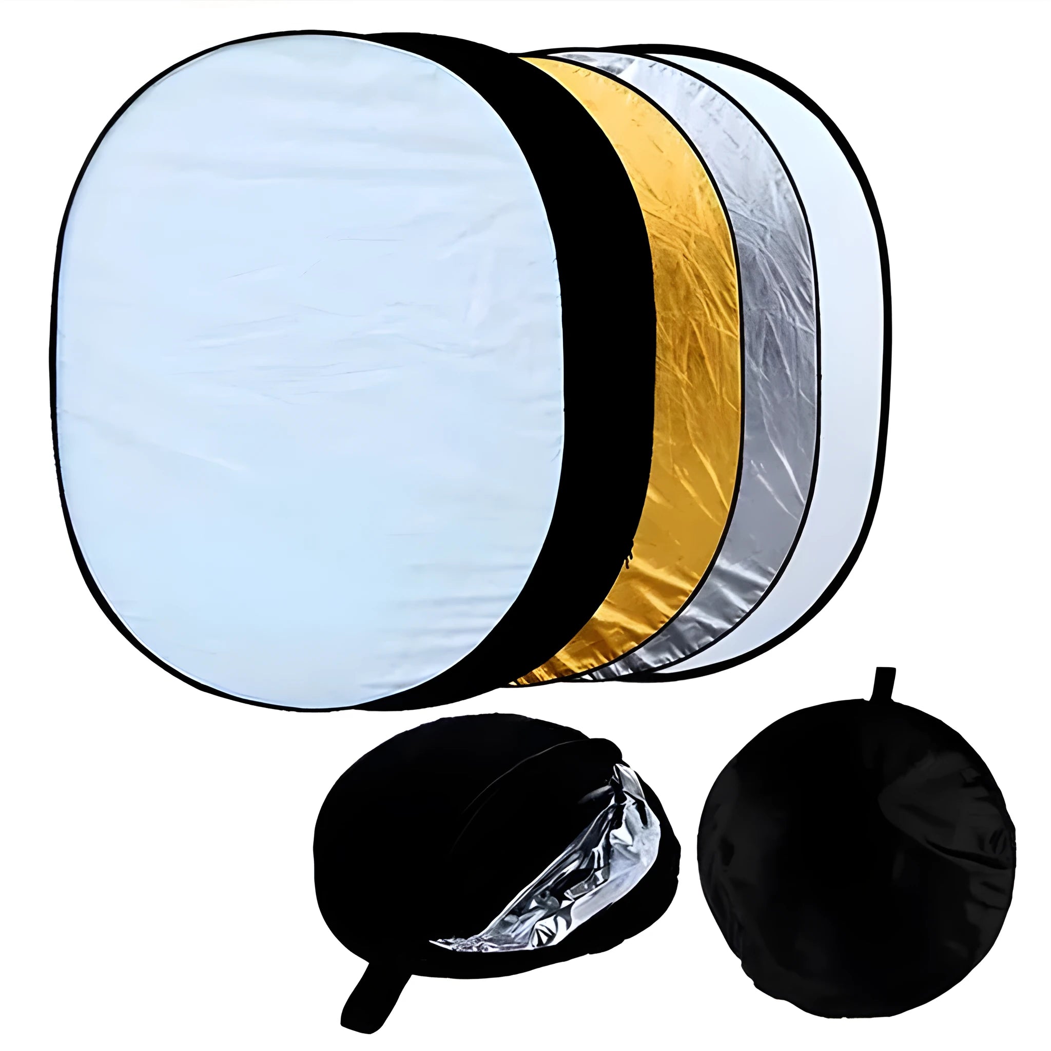 5-in-1 portable photography reflector with gold silver white black translucent surfaces folded next to carrying bag