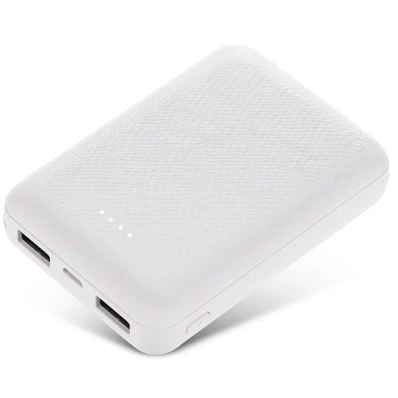 Black or white ultra-thin 10000mAh power bank with multiple USB ports, dimensions 90x63x22mm.