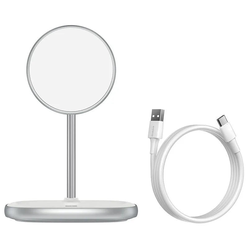 Black and white magnetic wireless charger stand for iPhone 12 with stainless iron base and Type-C cable