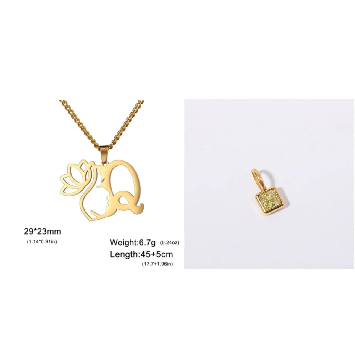 Stainless steel necklace with cross chain and a single letter pendant in gold or silver finish.
