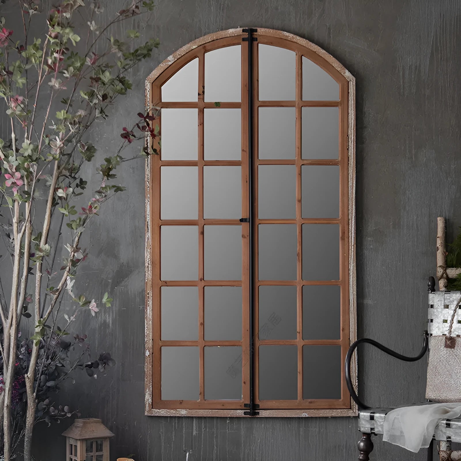 Distressed wooden frame fake window wall mirror with decorative glass panels in log colour finish