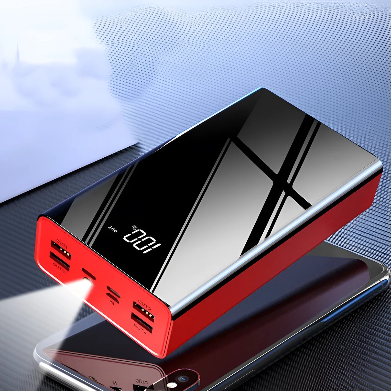 Large-capacity 40000mAh power bank with LCD display in plastic shell available in Chinese red and black