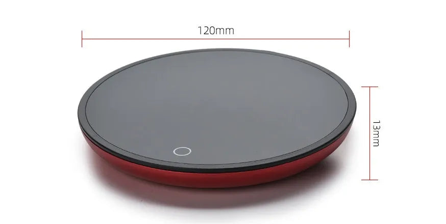 Black circular USB cup warmer pad with a tempered glass surface and dual temperature switch