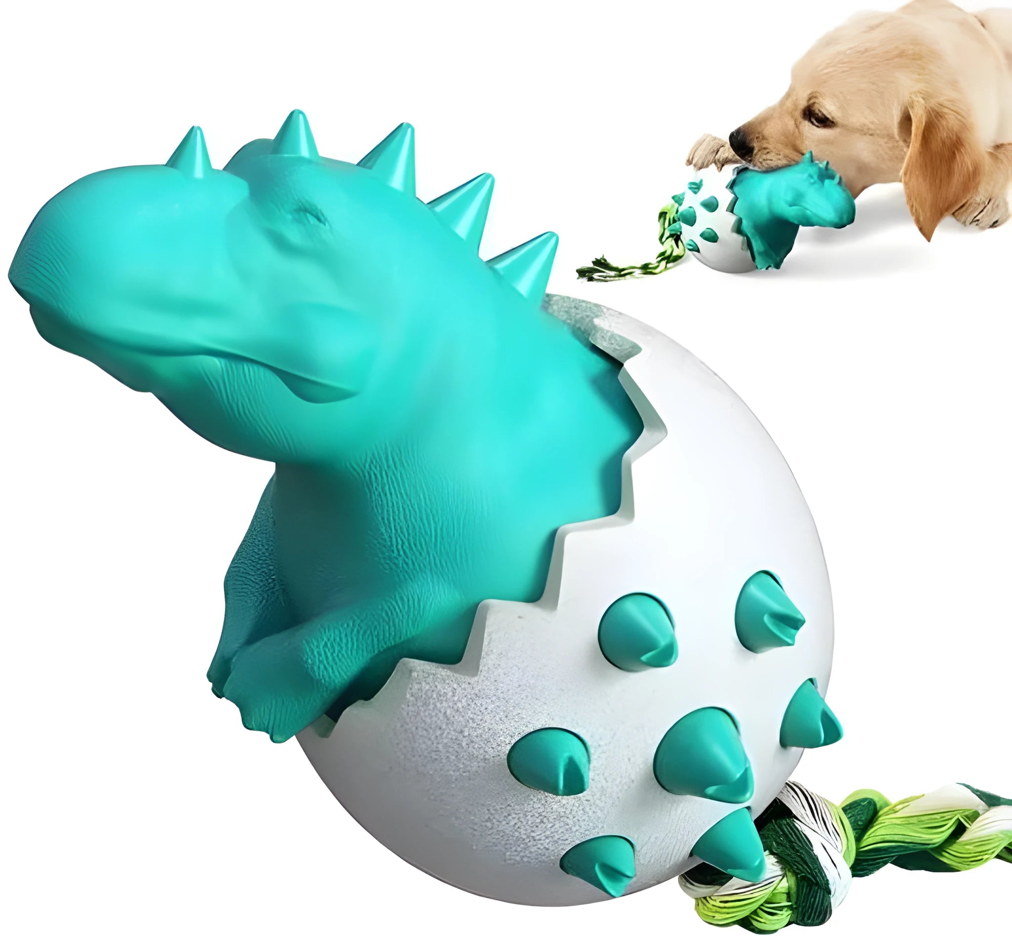 Durable rubber dog chew toy with rope attachment and dinosaur design for aggressive chewers