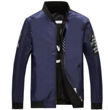 Men's reversible flight jacket in black, blue, or green colours with thin stripe pattern and zipper closure