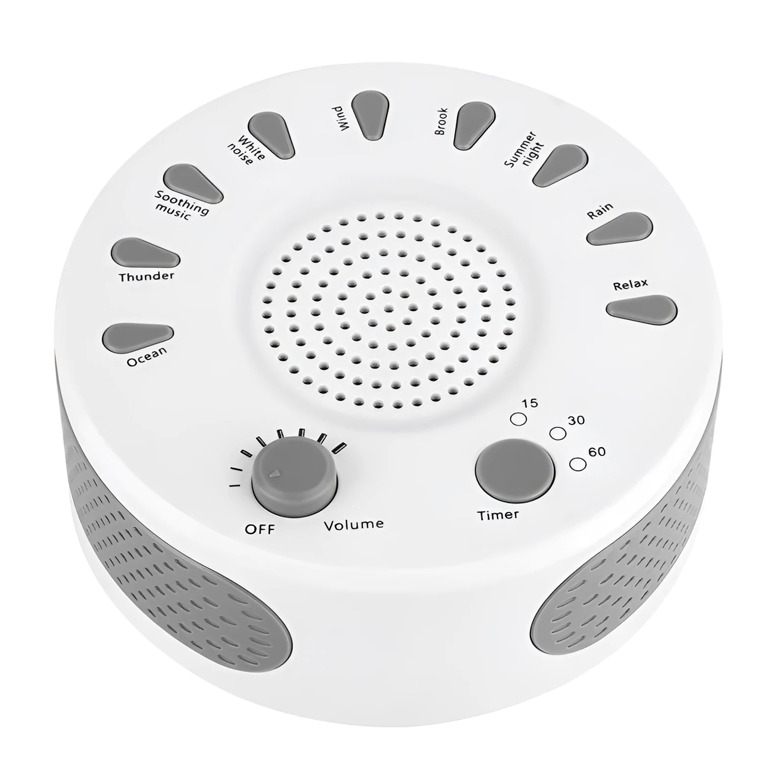 White noise sleep instrument with volume knob and multiple sound options in compact packaging
