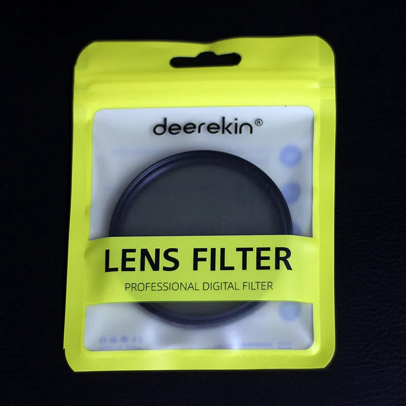 ND8 camera lens filter with aviation aluminium frame shown next to size options from 49mm to 82mm