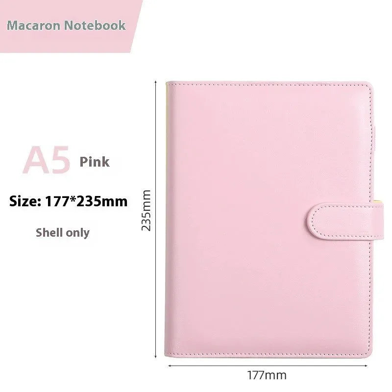 A5 PU leather zippered notebook shell in multiple solid colours including pink, blue, and black.