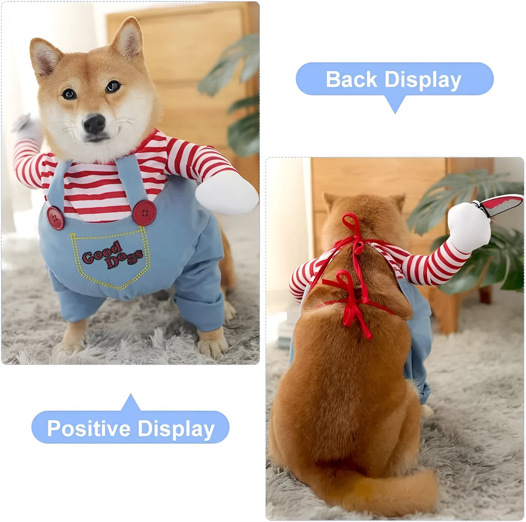 Striped Halloween harness costume set for a dog, showing pants, adjustable chest harness, and soft knife with bow tie.