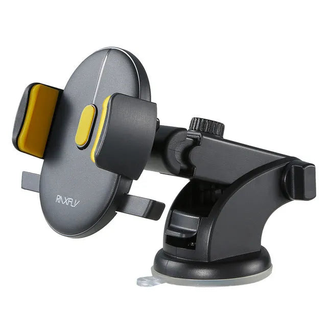 Yellow and black telescopic car phone holder with extendable arm and suction cup mount on dashboard