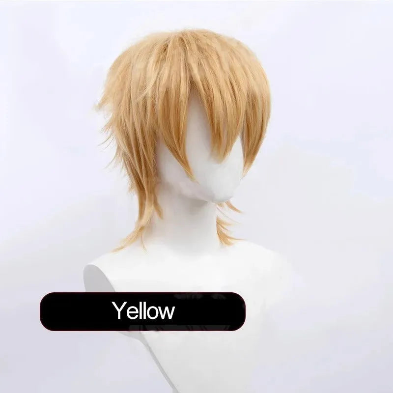 A short-style anime cosplay wig for men in a selected colour, showing its lengthened hair tail.