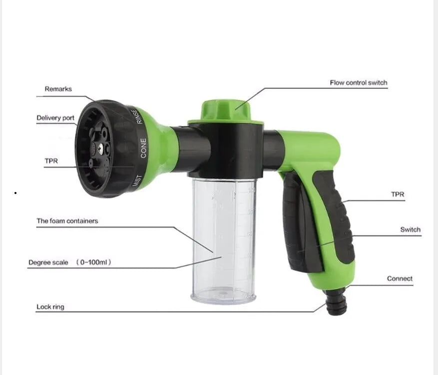 High pressure foam spray gun with adjustable nozzle in green, yellow or black colours