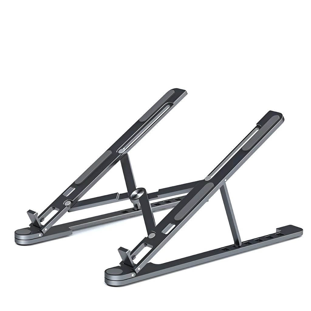 Aluminium alloy foldable laptop stand shown adjusted to different heights with laptop and tablet