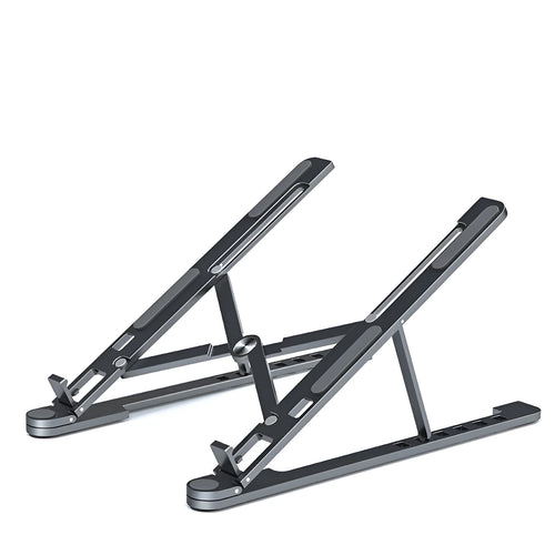 Aluminium alloy foldable laptop stand shown adjusted to different heights with laptop and tablet