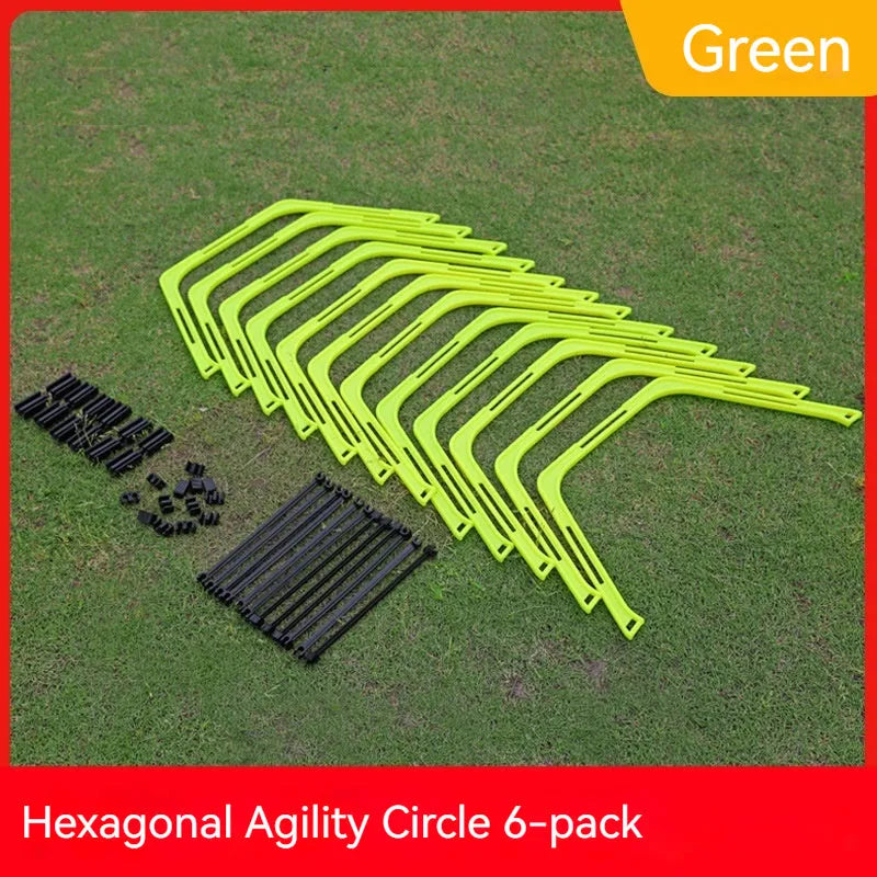 Set of six foldable yellow, green, and orange hexagon plastic agility rings for football training.