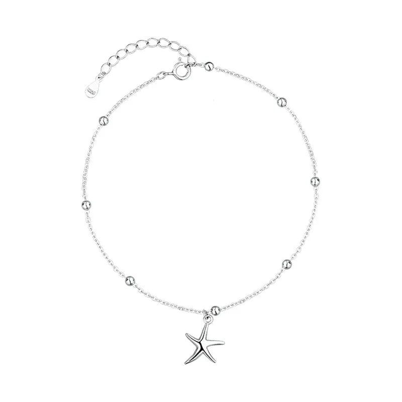 S925 sterling silver anklet with starfish charm and round beads for women