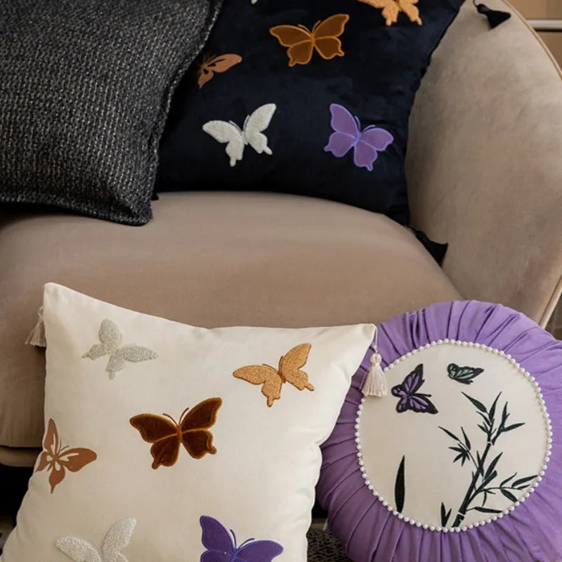 Square couch pillow with butterfly embroidery in Chinese style pattern, 45cm dimensions in beige, black, or purple