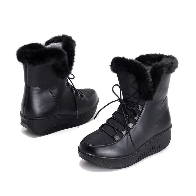 Women's black winter boots with lace-up front, platform heel and plush lining