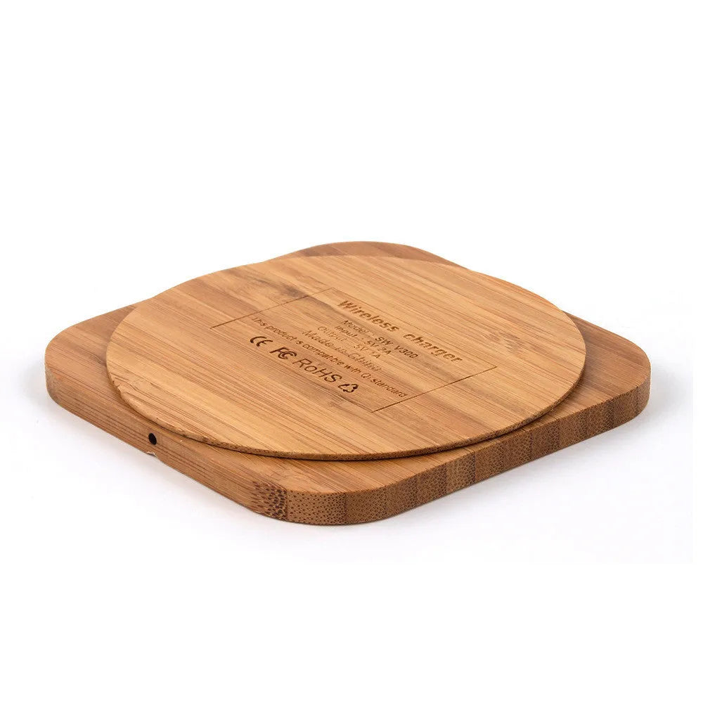 Square bamboo wood 5W wireless charging pad with LED indicator lights.