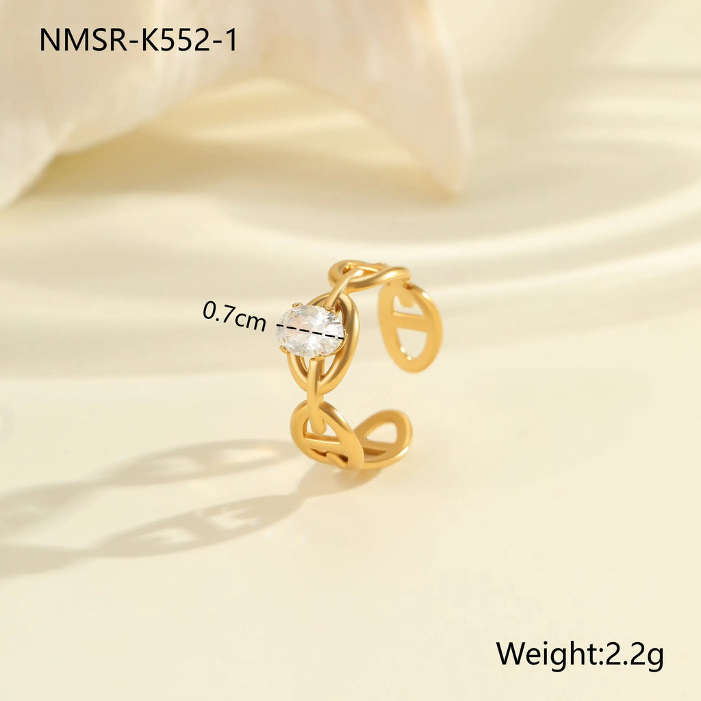 Women's stainless steel geometric zircon ring with open mouth free-size design