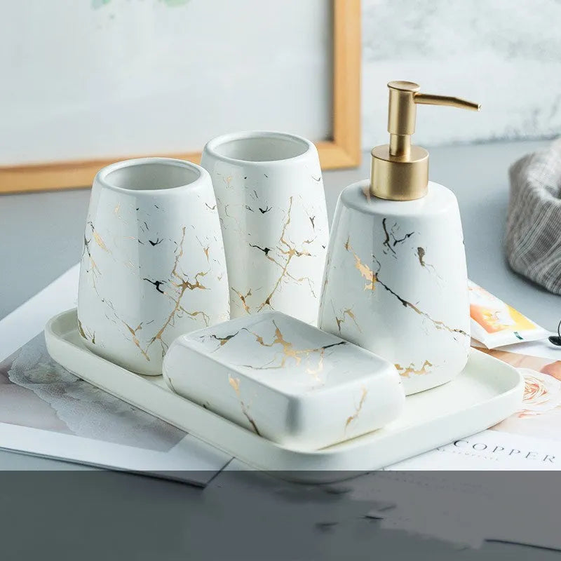 Ceramic bathroom wash set in light luxury style with decal process finish available in black blue or white