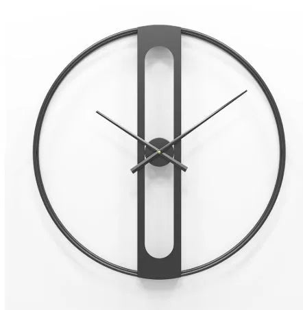 A large 50cm round metal wall clock on a wall, shown in black and gold colour variants.