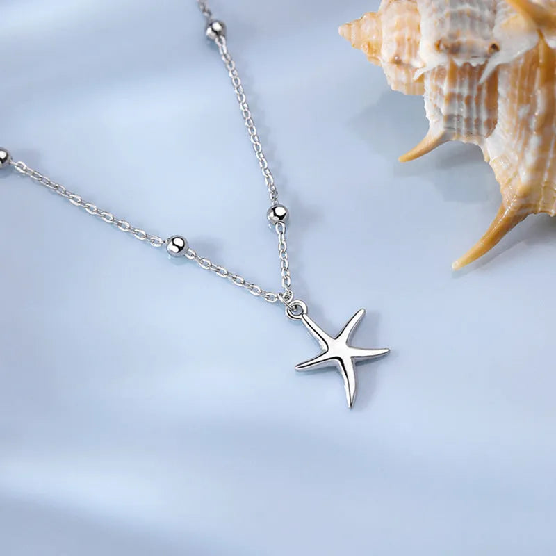 S925 sterling silver anklet with starfish charm and round beads for women