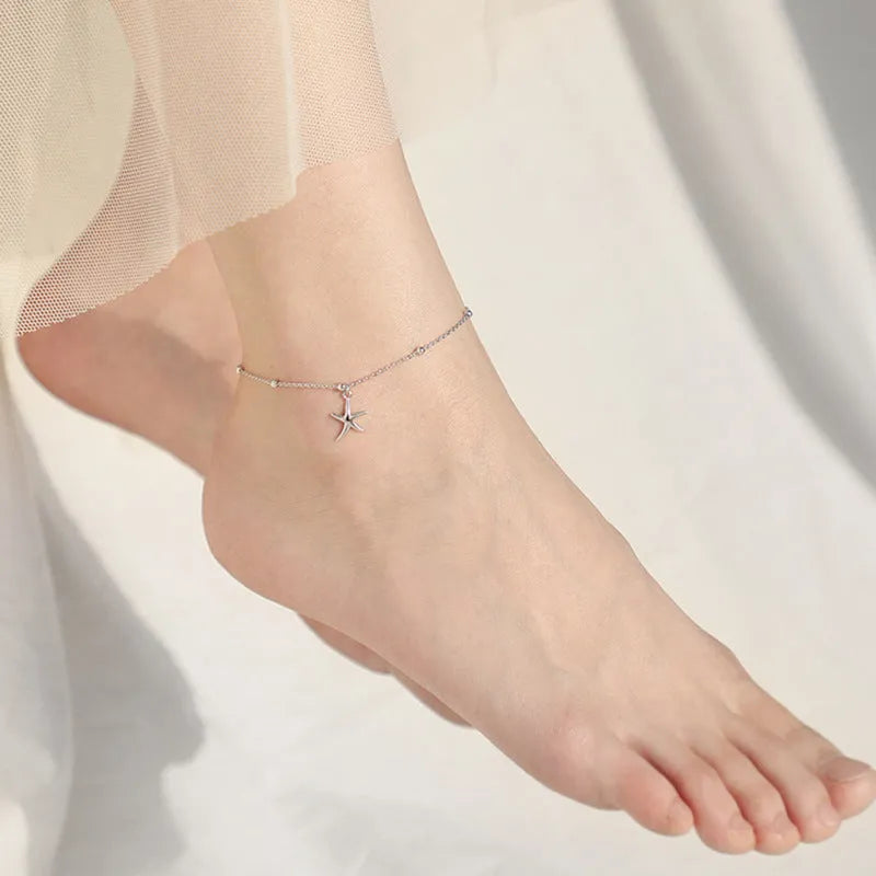 S925 sterling silver anklet with starfish charm and round beads for women
