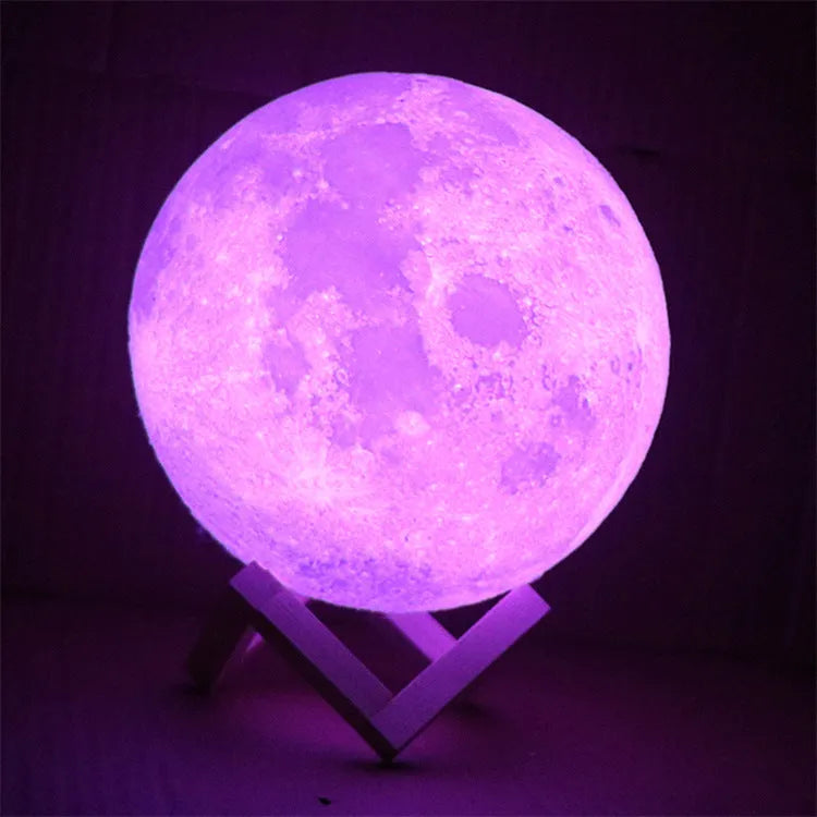 3D printed white moon lamp on wooden stand with touch metal ring at base
