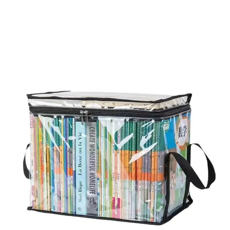 Large white foldable PVC storage bag with sealed top next to magazines.