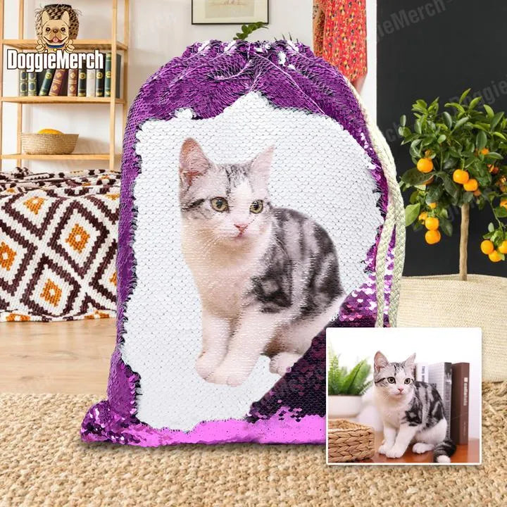 Custom purple sequin backpack with a dog photo and drawstring closure, shown front view.