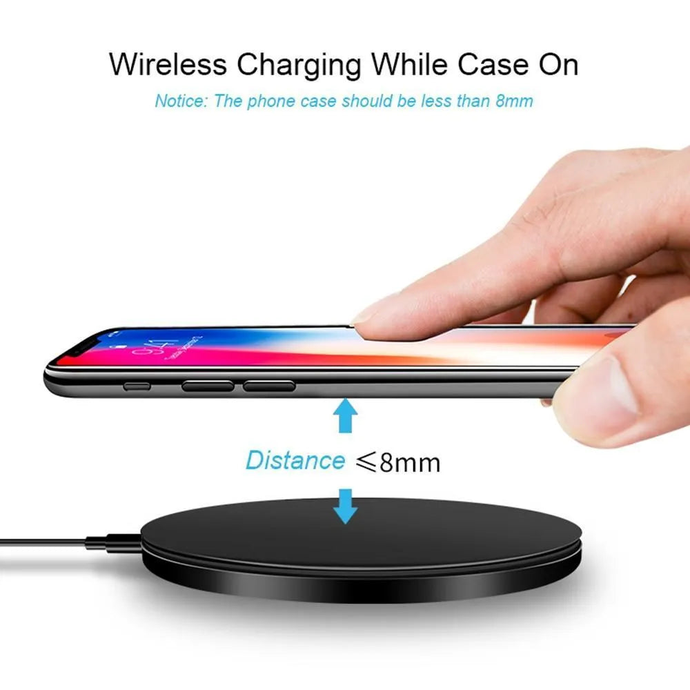 Black ultra-thin wireless charging pad measuring 98mm square with 9V fast charging capability