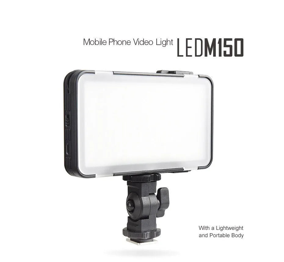 Shenniu M150 ultra-thin silver LED video light mounted on a mobile phone with adjustable brightness.
