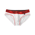 Men's low waist cotton briefs showing solid colour block design in various two-tone combinations.