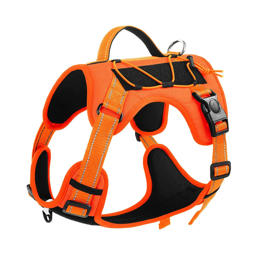 Reflective dog harness and hand-holding lead set in orange and black, showing the chest strap and full-handle grip.