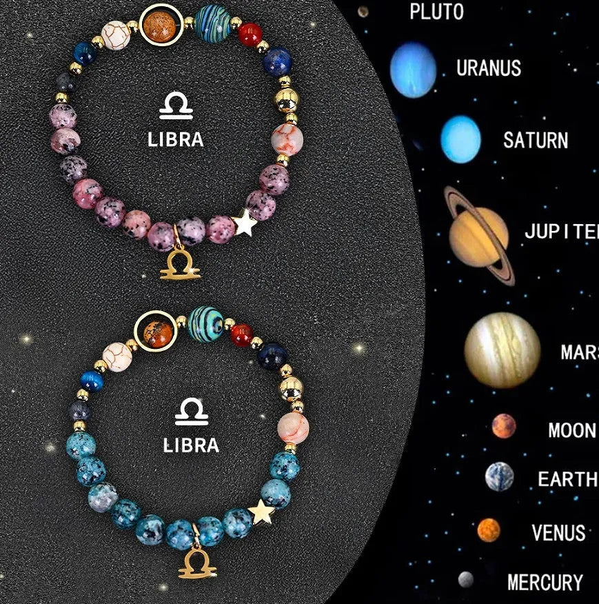Set of two natural stone beaded bracelets with adjustable strings, showcasing zodiac constellation styles.