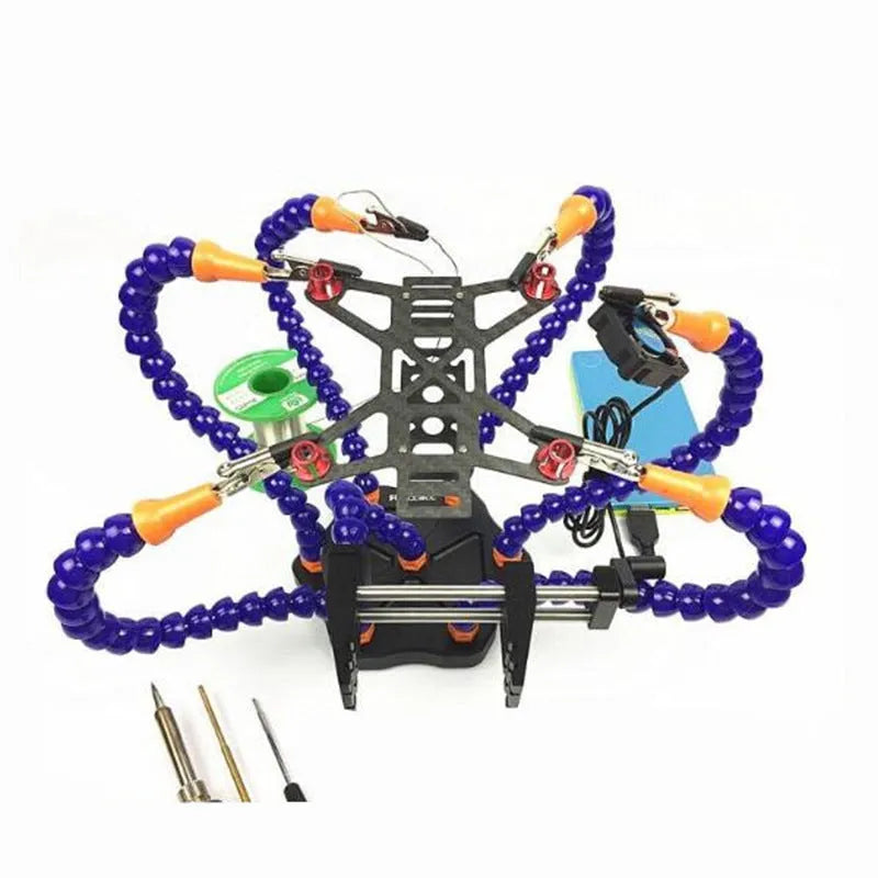 Black and purple aluminium six-jaw welding station with multiple adjustable arms for model repair soldering