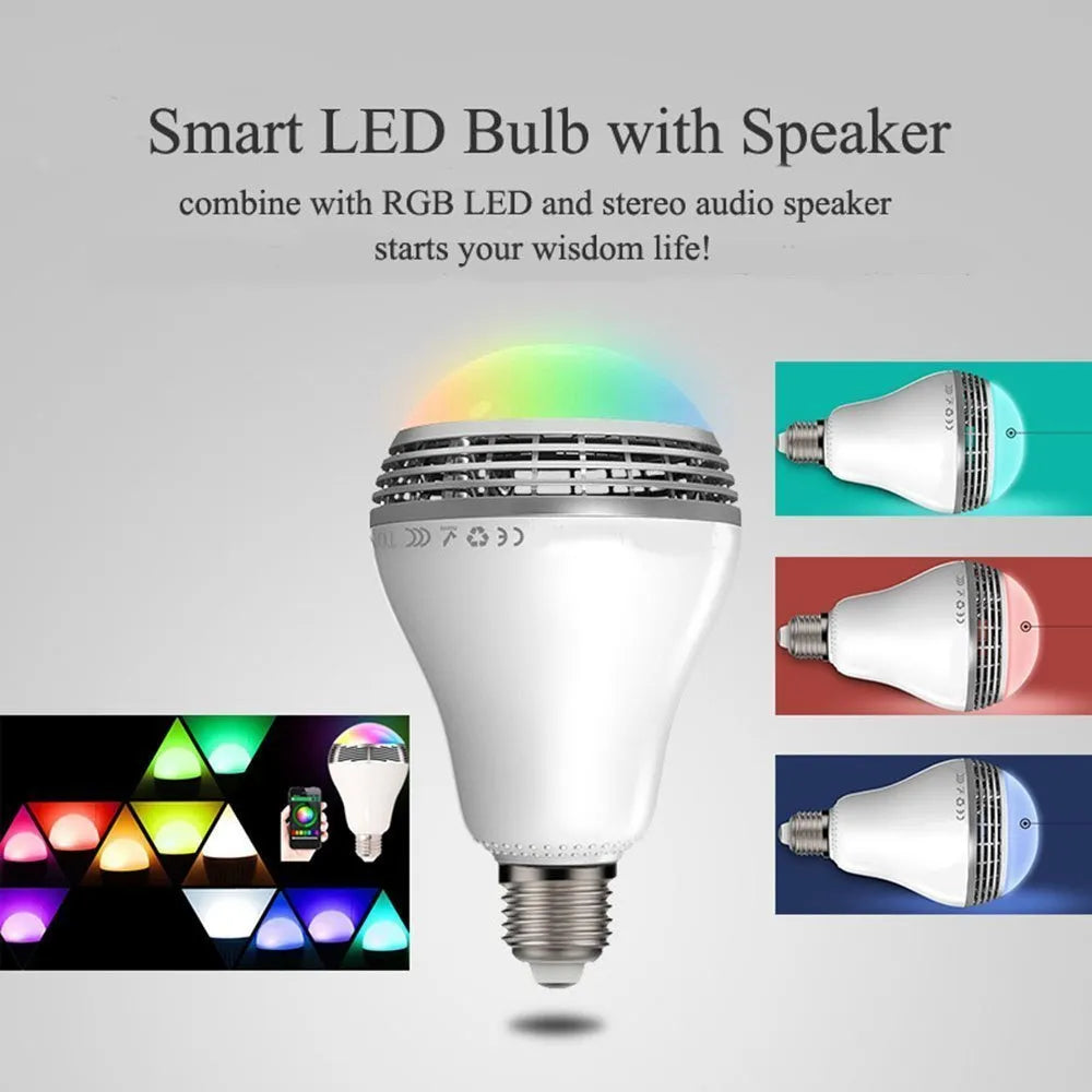 Creative Home E27 LED smart bulb with integrated Bluetooth speaker, white PC body, 100mm diameter.