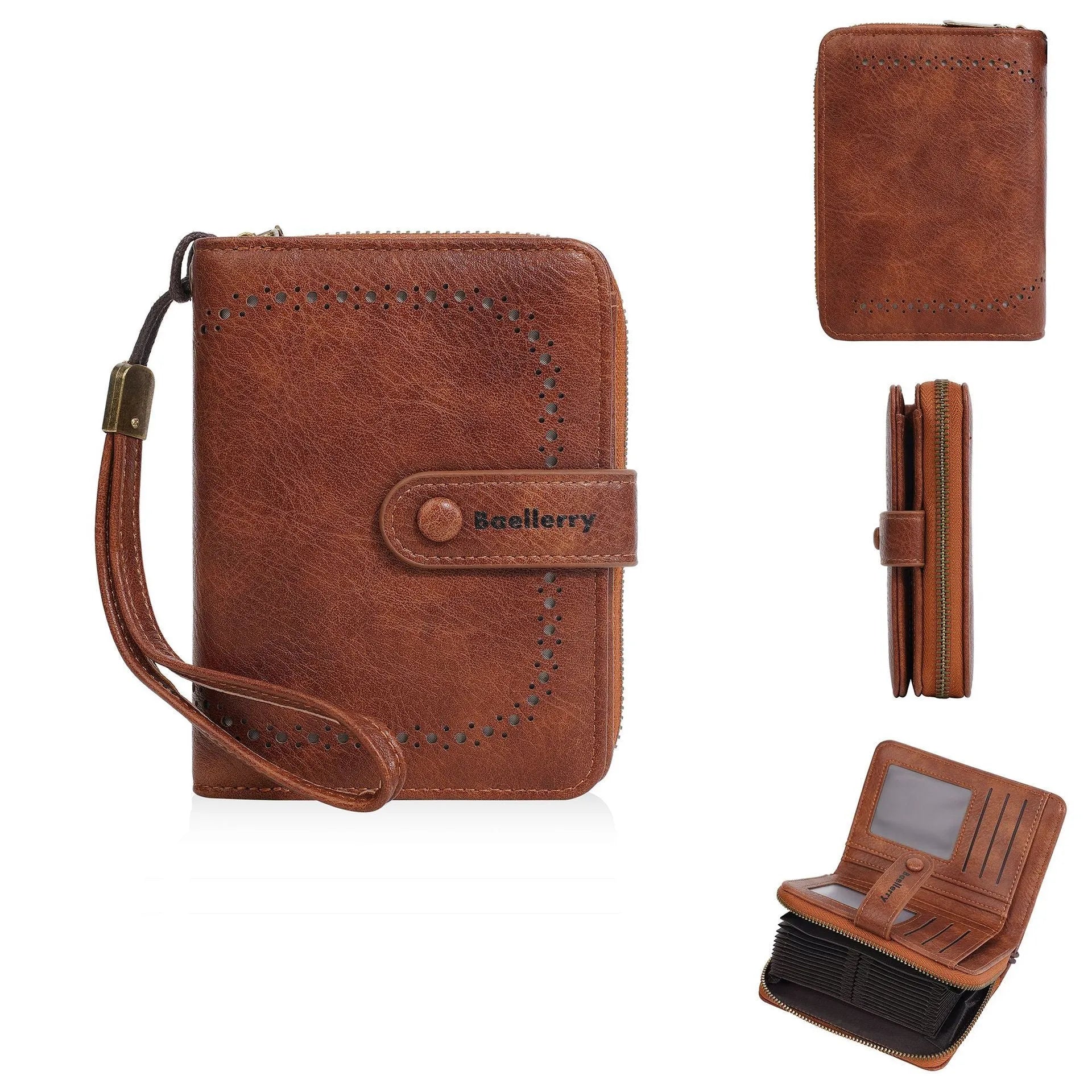 Women's black PU leather coin purse with zipper closure showing integrated wallet and card holder functions