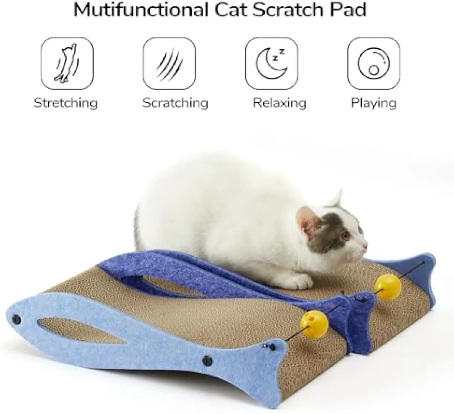 Blue fish-shaped cat scratcher with corrugated paper surface, bell toys, and wavy lounge area