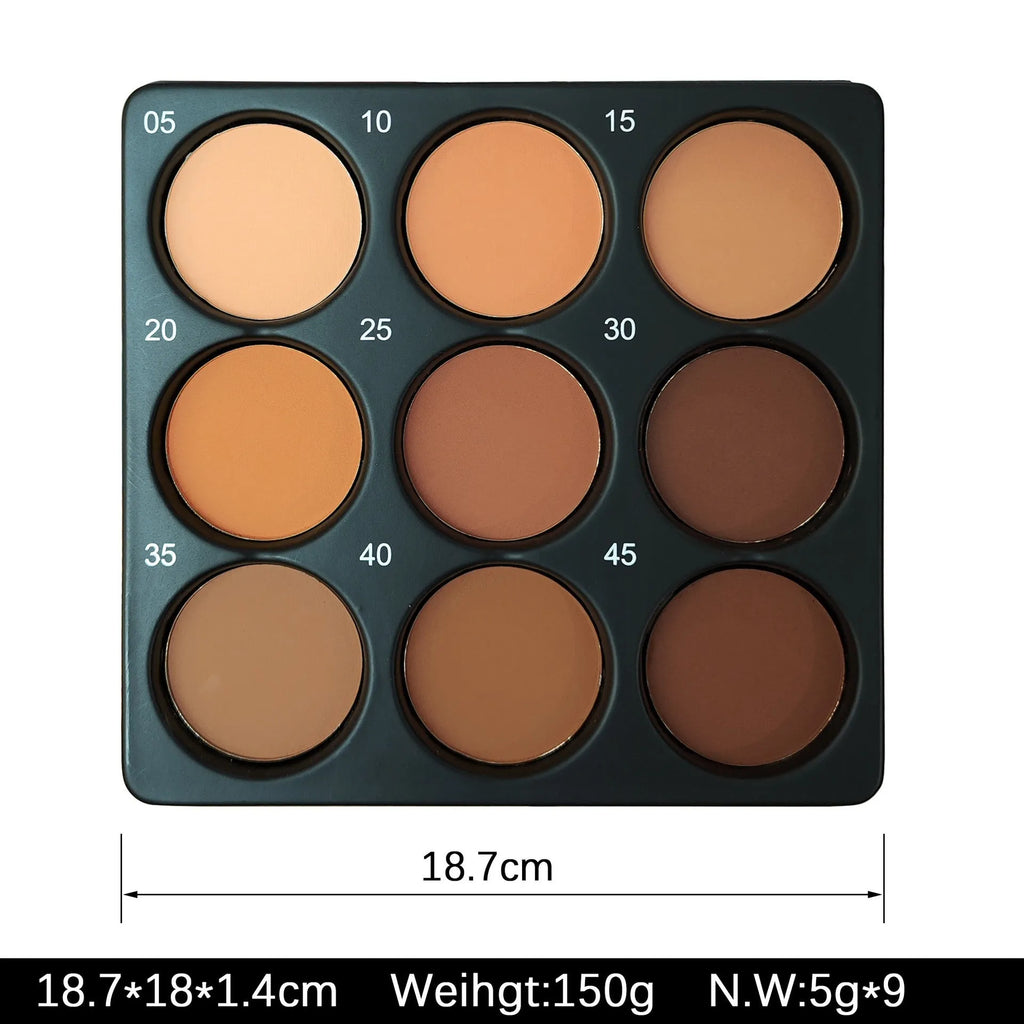 Dark matte makeup palette with 9 waterproof colours for eyes cheeks and contour applications