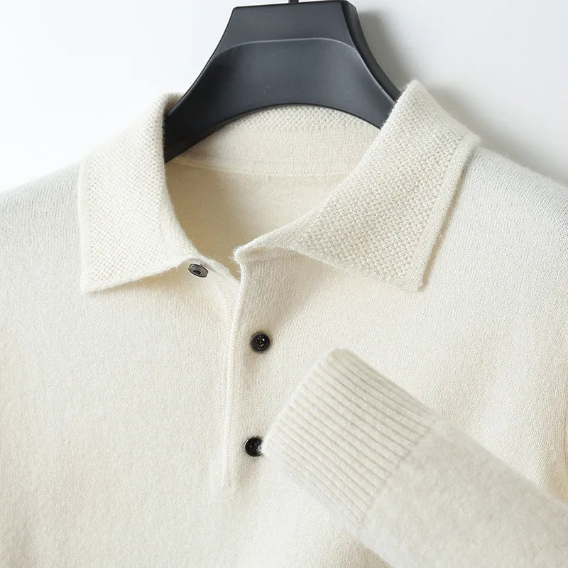 Men's grey wool blend pullover sweater with a polo collar and long sleeves laid flat