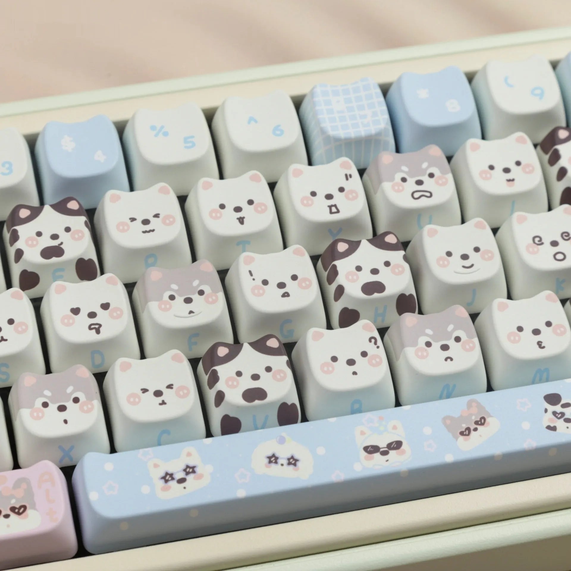 PBT sublimation keycap set with colourful cartoon puppy and cat designs for mechanical keyboards