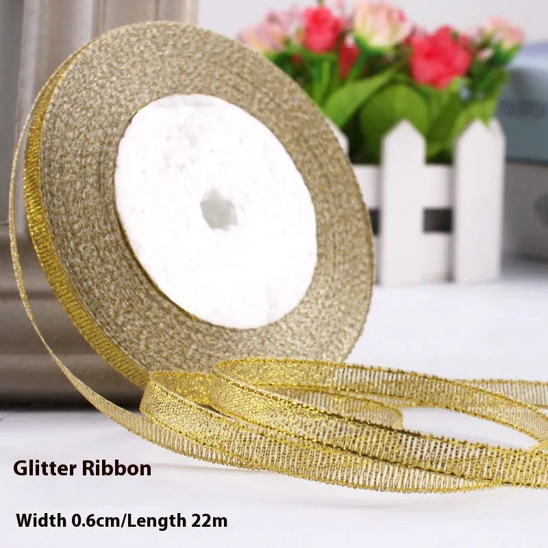 Roll of polyester gift ribbon showing 0.6cm width and multiple colour options including metallic finishes