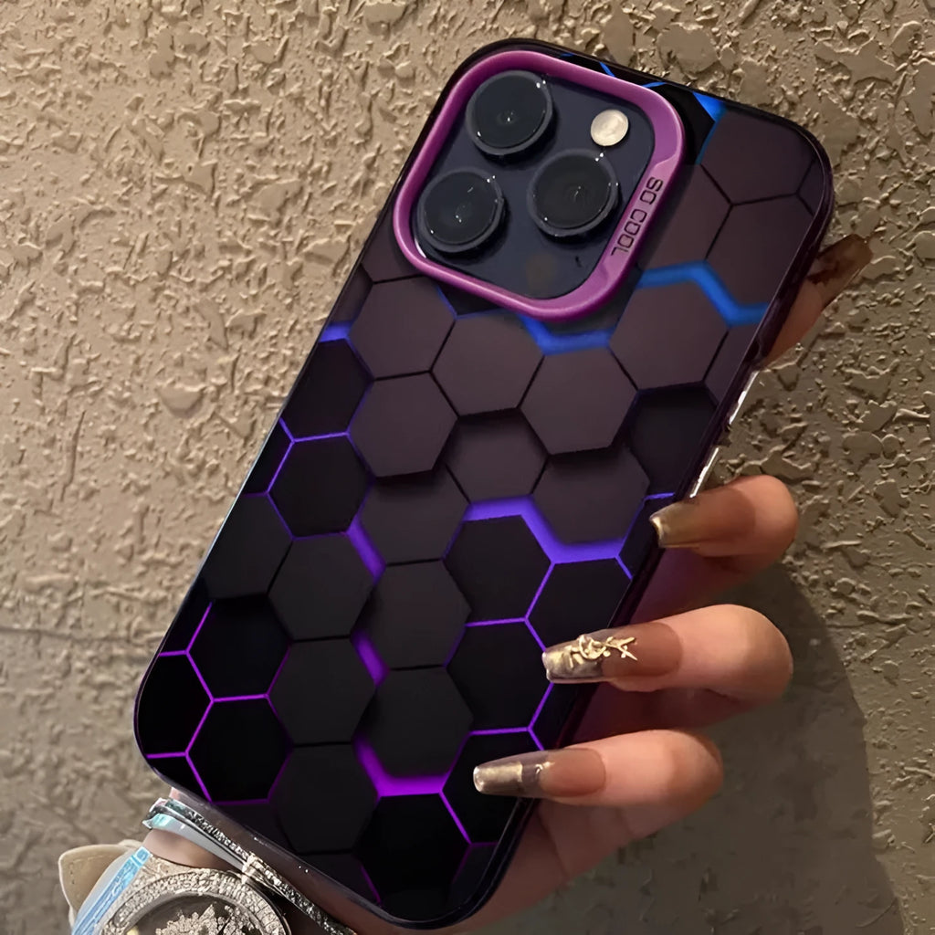 Frosted PC iPhone protective case with honeycomb square pattern in Moonlight colour options