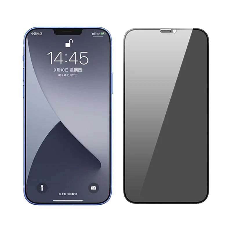 Tempered glass iPhone screen protector with privacy anti-peep film shown on an iPhone.