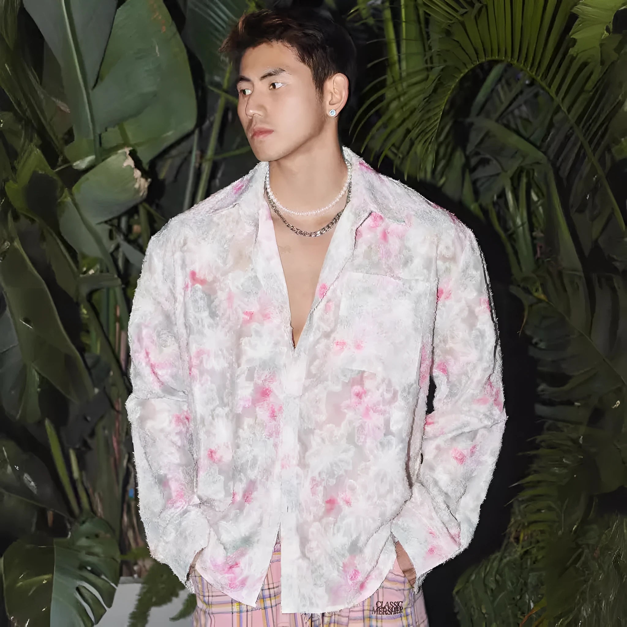 Pink loose fit women's floral shirt with embossed long sleeve pattern